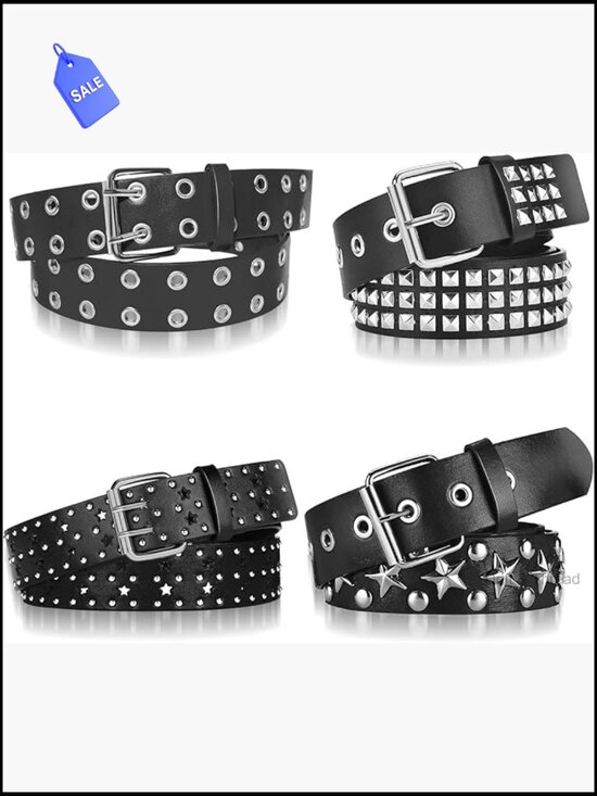 4Pc Studded Rivet Double Grommet Belt Set Faux Leather Punk Gothic main image 5